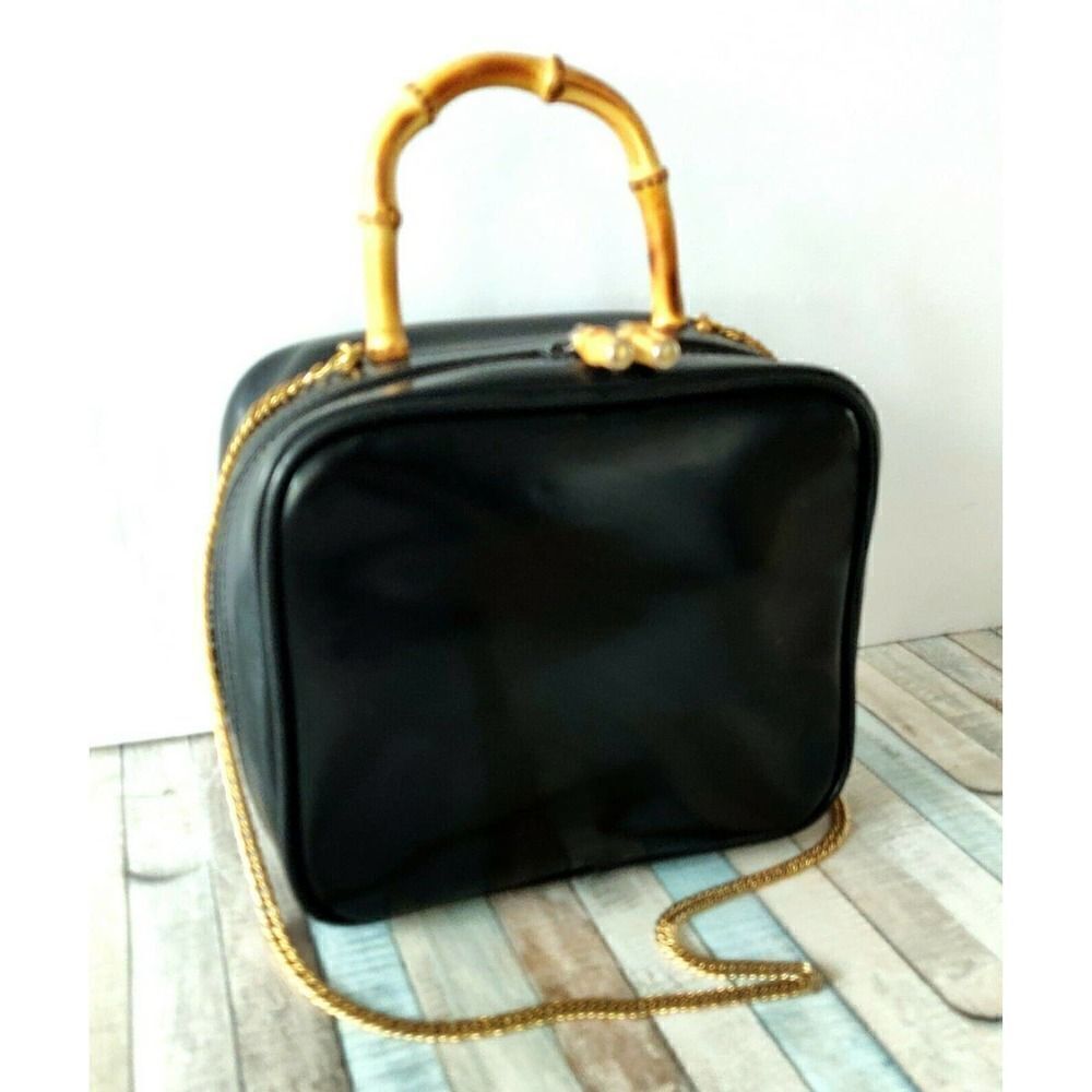 VTG CARLA MANCINI BLACK GENUINE LEATHER BAMBOO DECOR CHAIN STRAP SHOULDER BAG - Picture 4 of 12